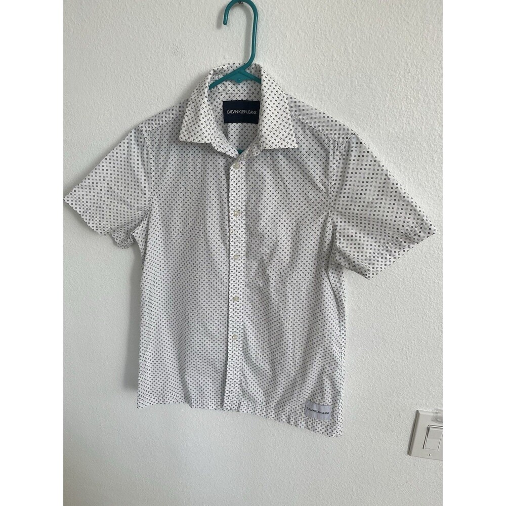 Calvin Klein White Diamond Pindot Pattern Short Sleeve Button Down Shirt Mens XS